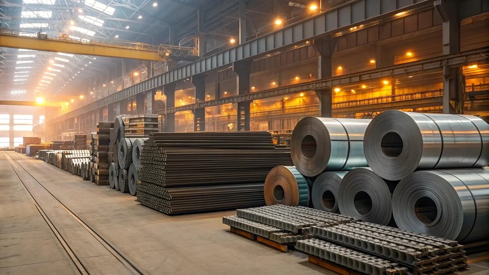 Stacked steel coils in an industrial warehouse